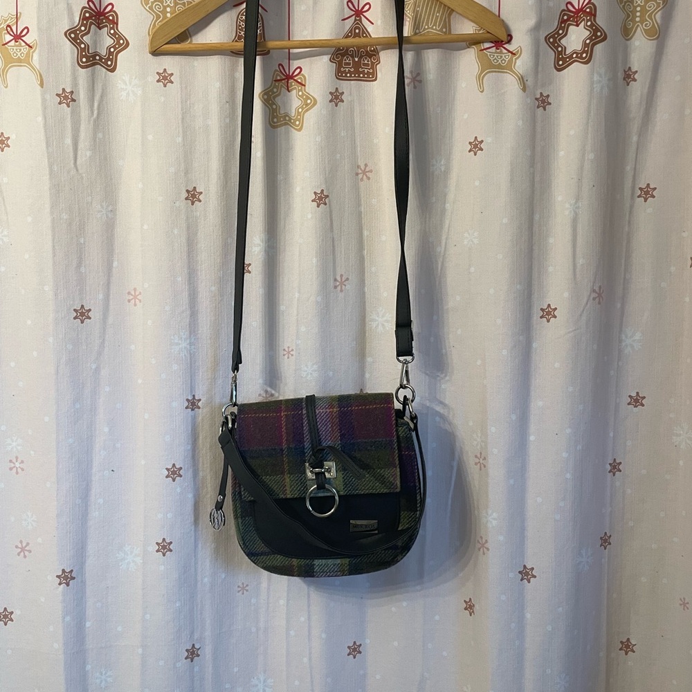Plaid Crossbody Saddle Bag with Ring Accent